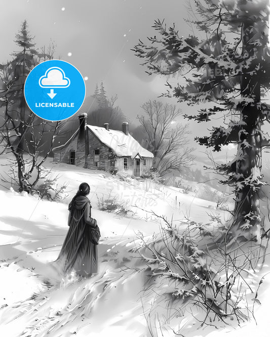 Wintry Wanderlust: Tranquil Landscape Painting of Snow-Covered Trees, Historic House, and Solitary Figure in Flowing Robe