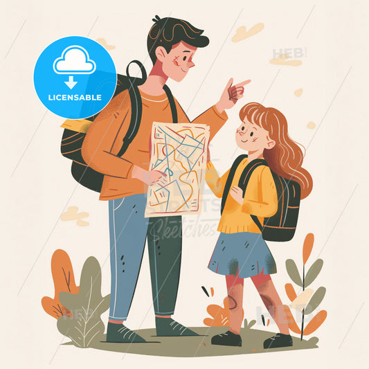 a woman and child looking at a map together - A painting of a skyline with a colorful building