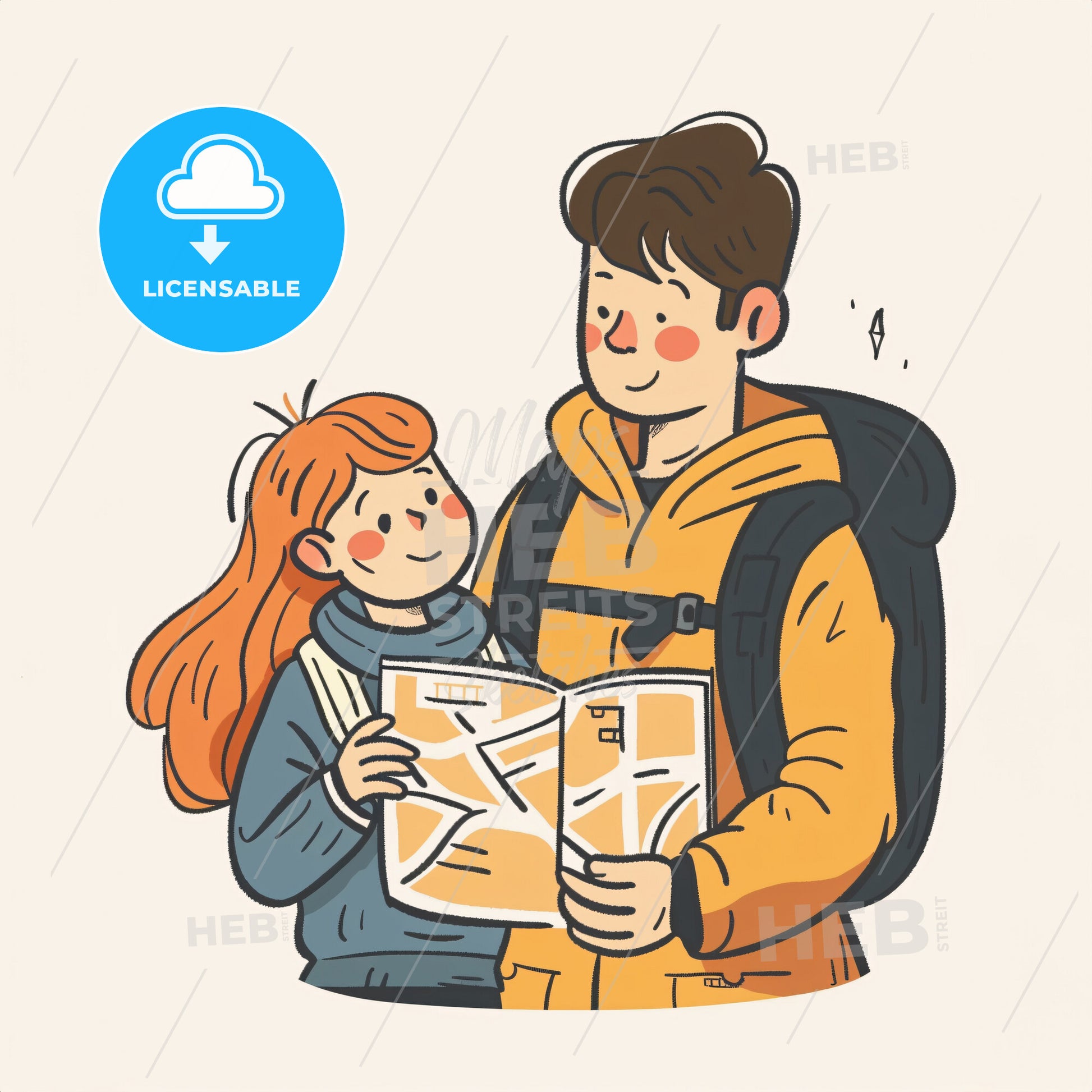 a woman and child looking at a map together - A man and a girl looking at a map