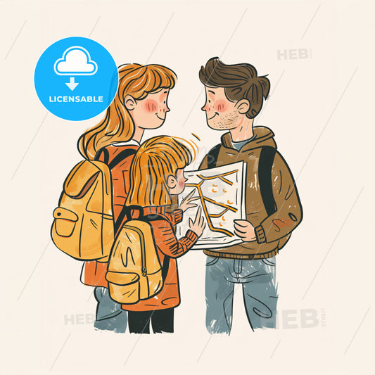 a woman and child looking at a map together - A cartoon of a family looking at a map