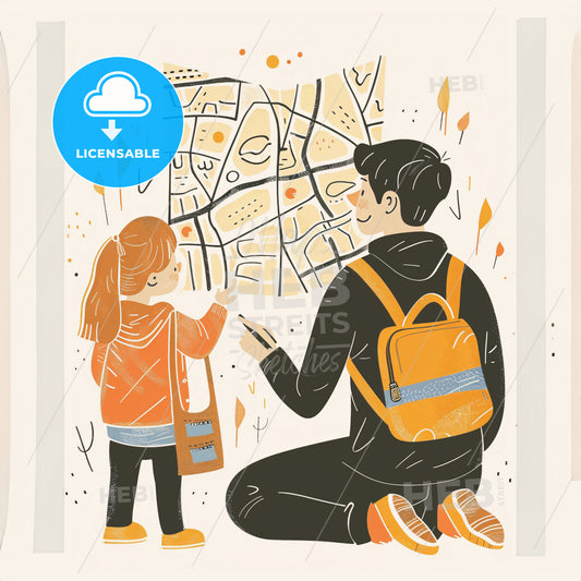 a woman and child looking at a map together - A man and a girl looking at a map