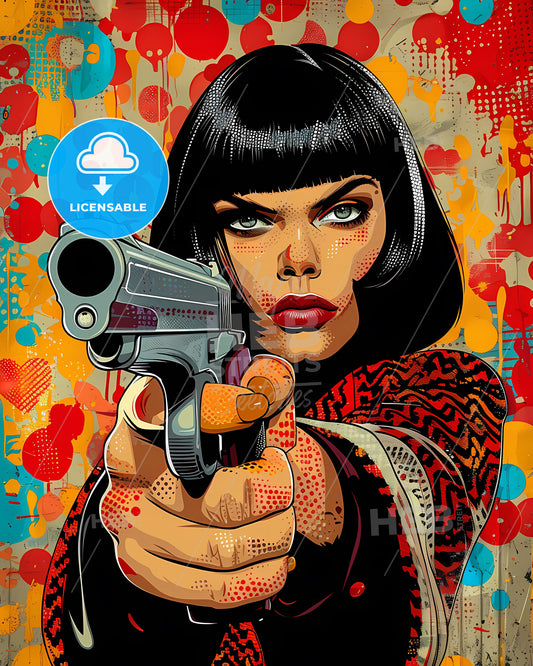 Hard Edge Pop Art Woman with Gun: Vibrant Painting Featuring Enlarged Print Screen Dots and Pop Art Color Schemes