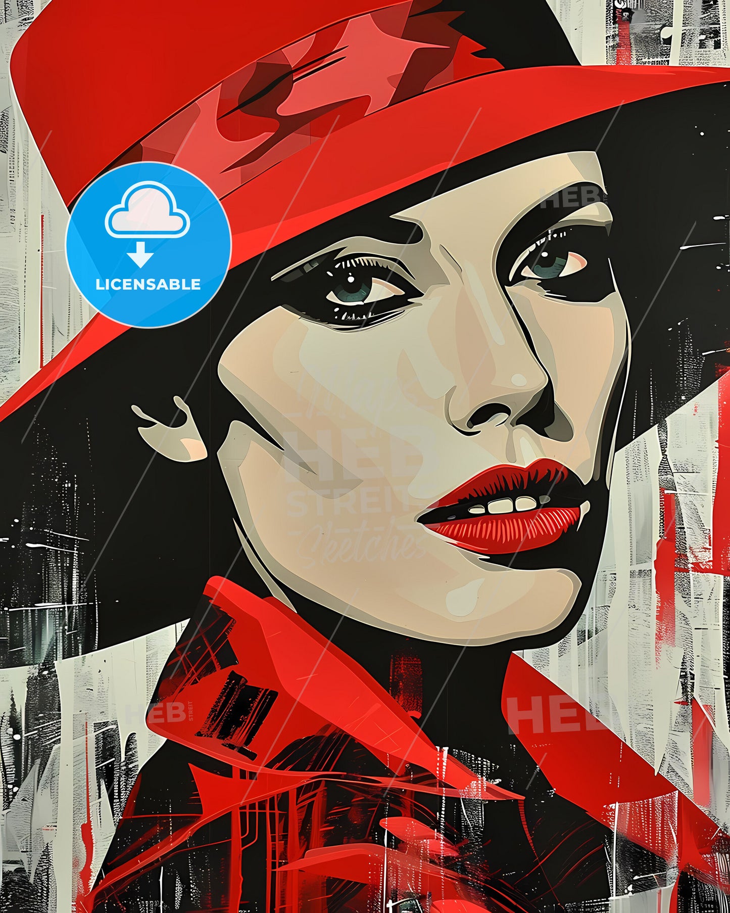 Captivating Pop Art Silkscreen Portrait: Woman in Red Hat & Flags by Frankie Pearce, Vibrant & Artistic Stock Image.
