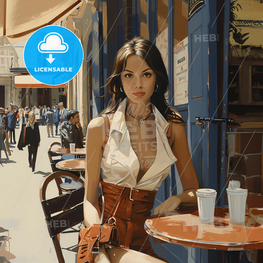 a woman with purse sitting in an outdoor cafe - A woman sitting at a table