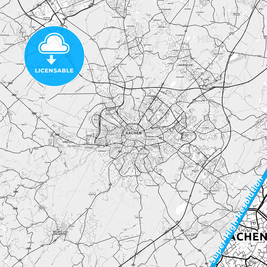 Aachen, Germany light map with streetnames, citynames and districts