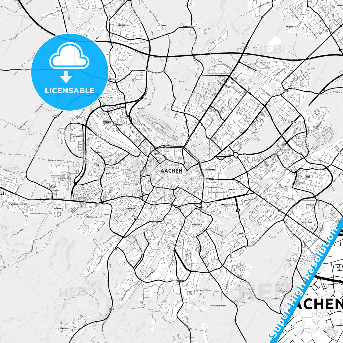 Aachen, Germany Light Map with Street Names, City Names, and Districts