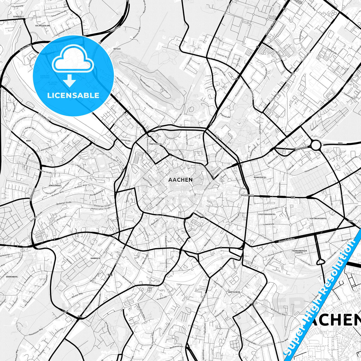 Aachen, Germany Light Map with Street Names, City Names, and Districts