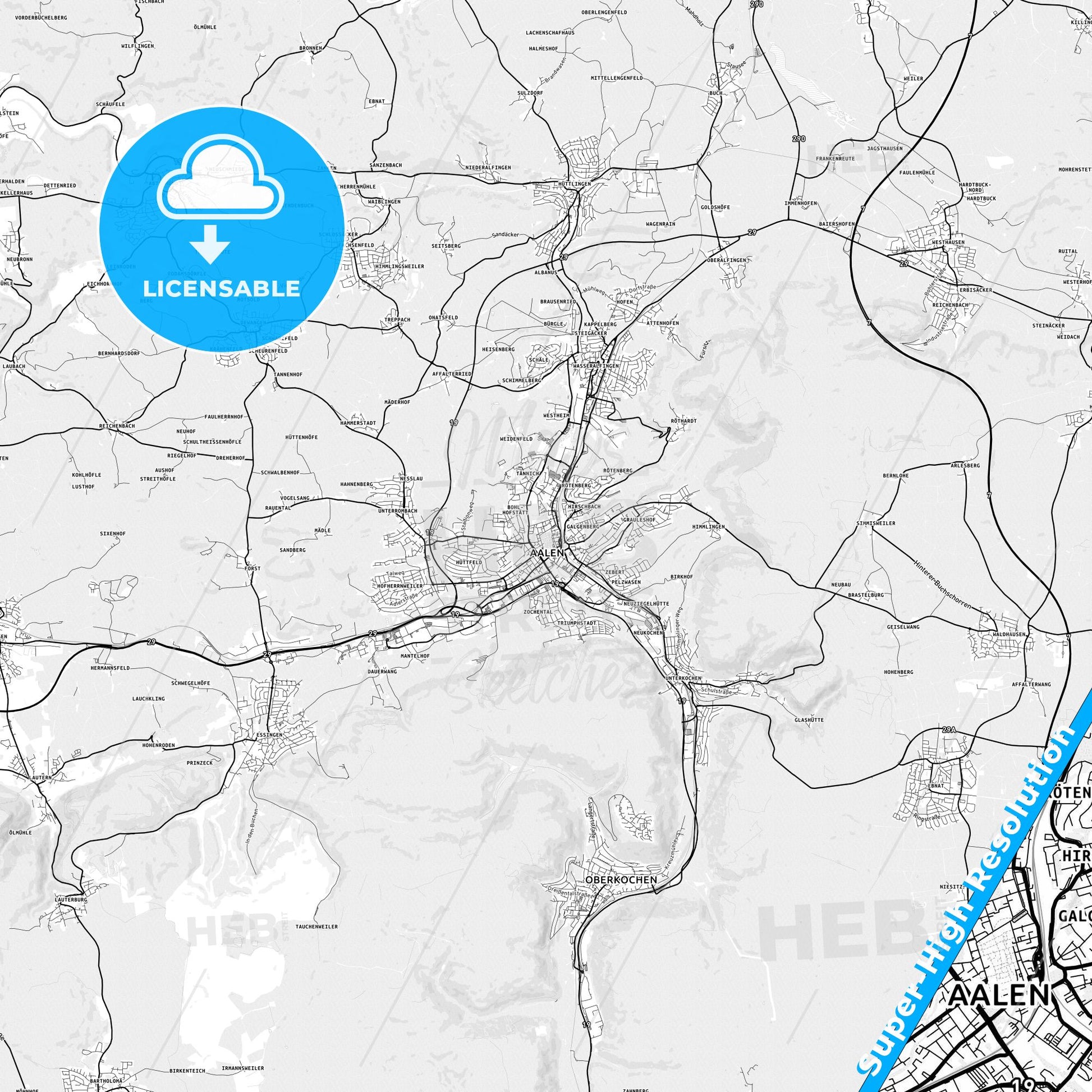 Aalen, Germany light map with streetnames, citynames and districts