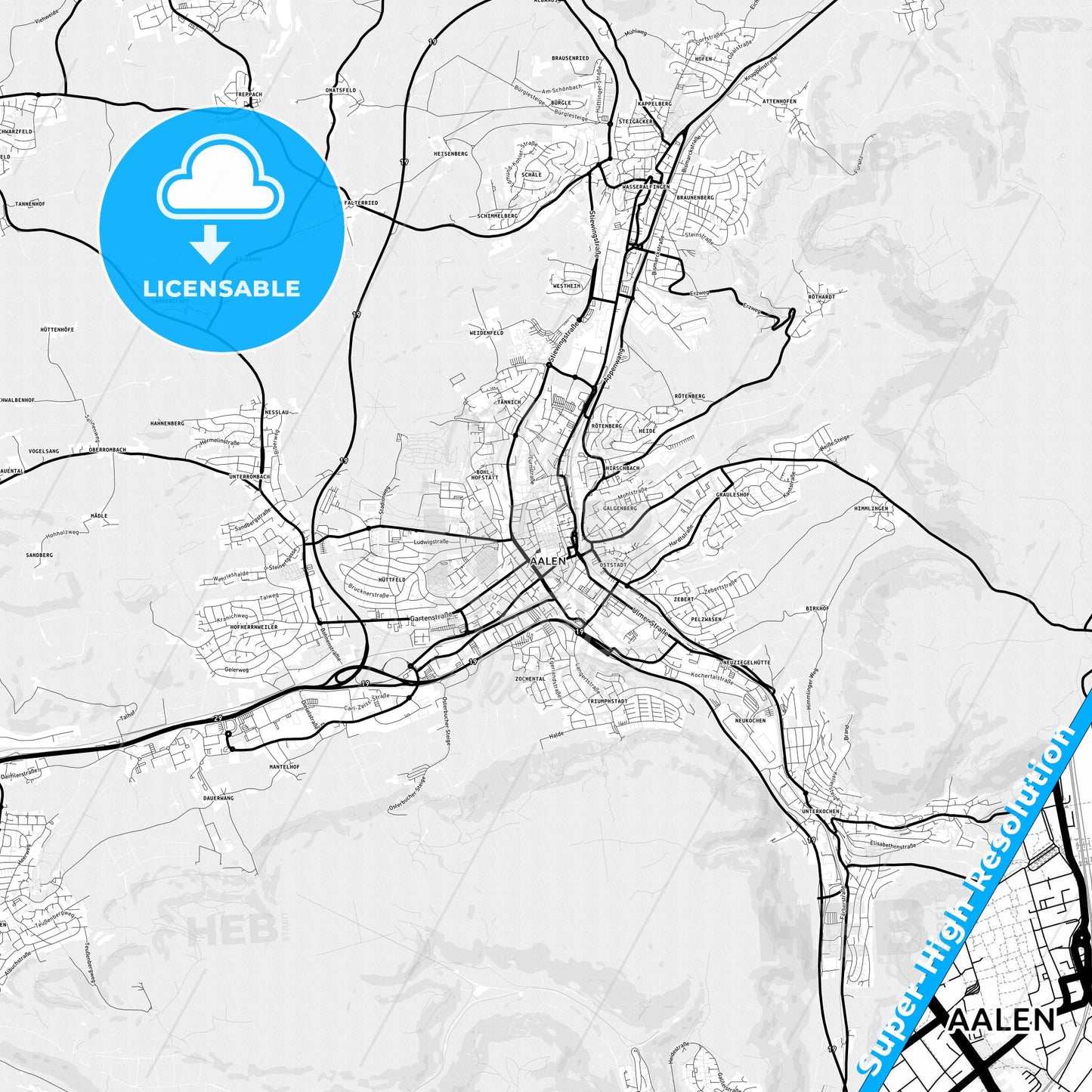 Aalen, Germany Light Map with Street Names, City Names, and Districts