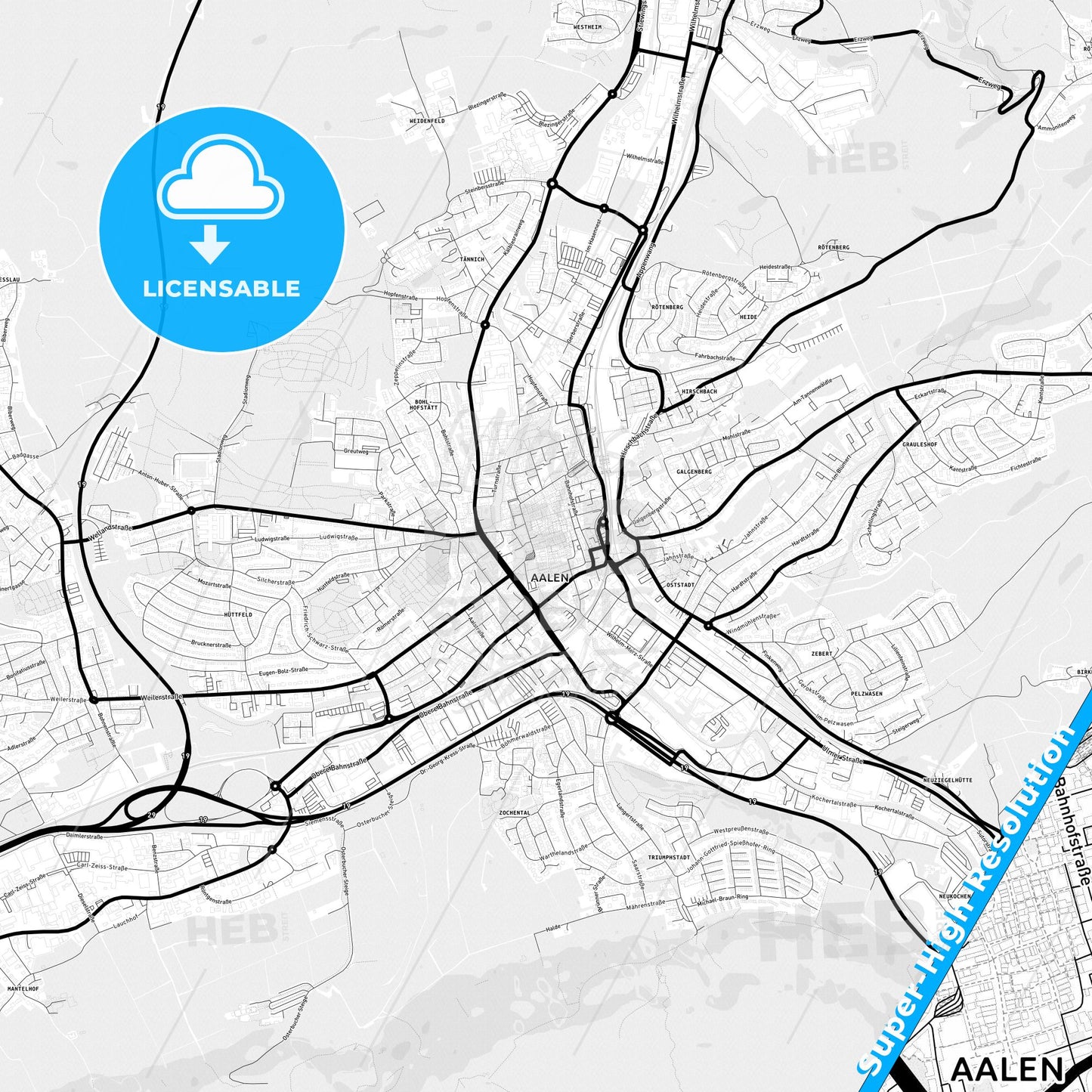 Aalen, Germany Light Map with Street Names, City Names, and Districts