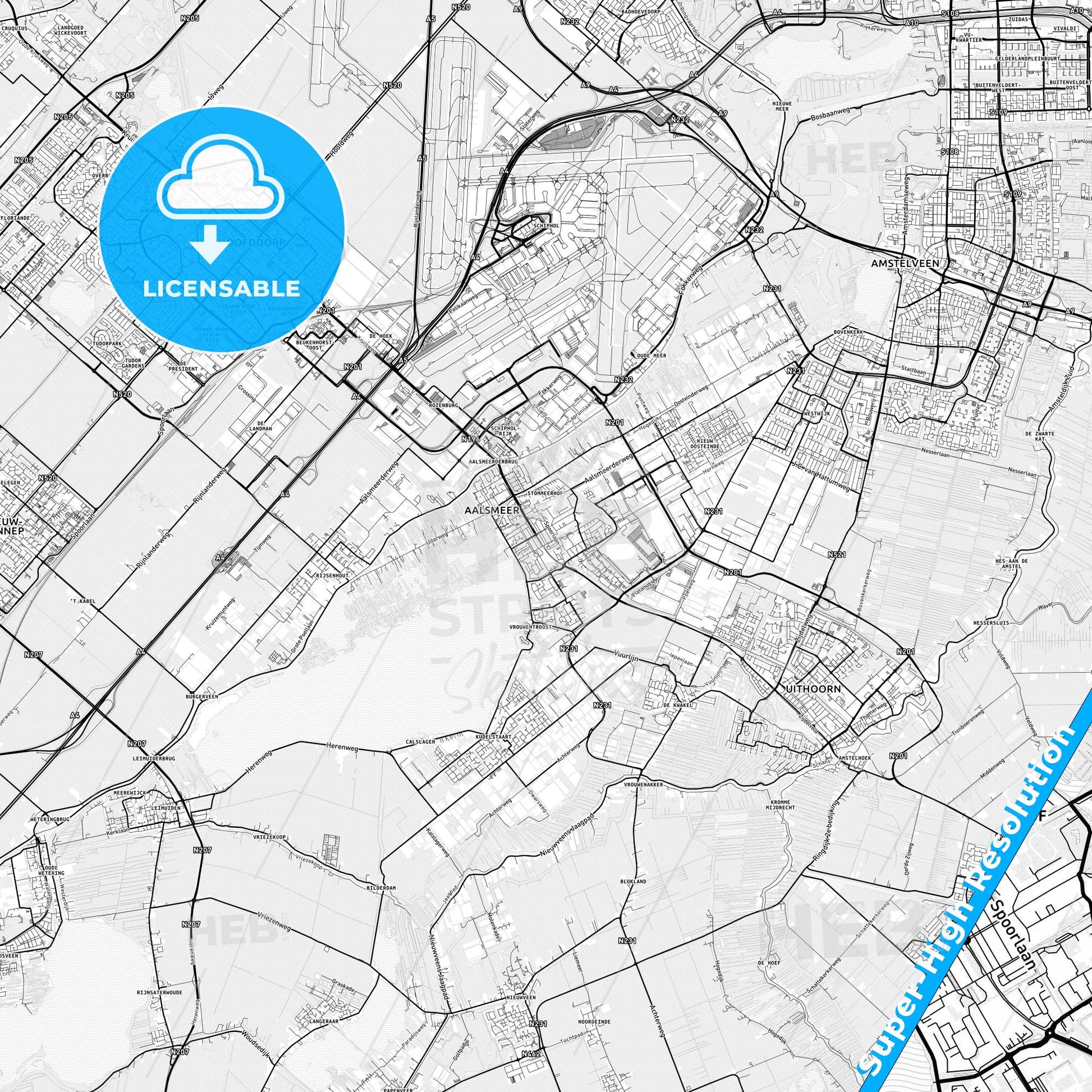 Aalsmeer, Netherlands light map with streetnames, citynames and districts