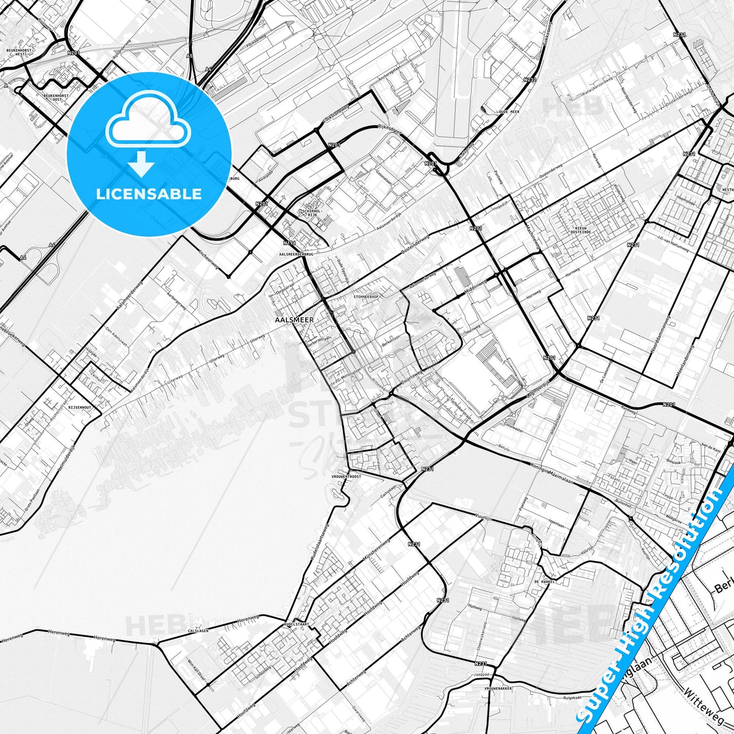 Aalsmeer, Netherlands Light Map with Street Names, City Names, and Districts