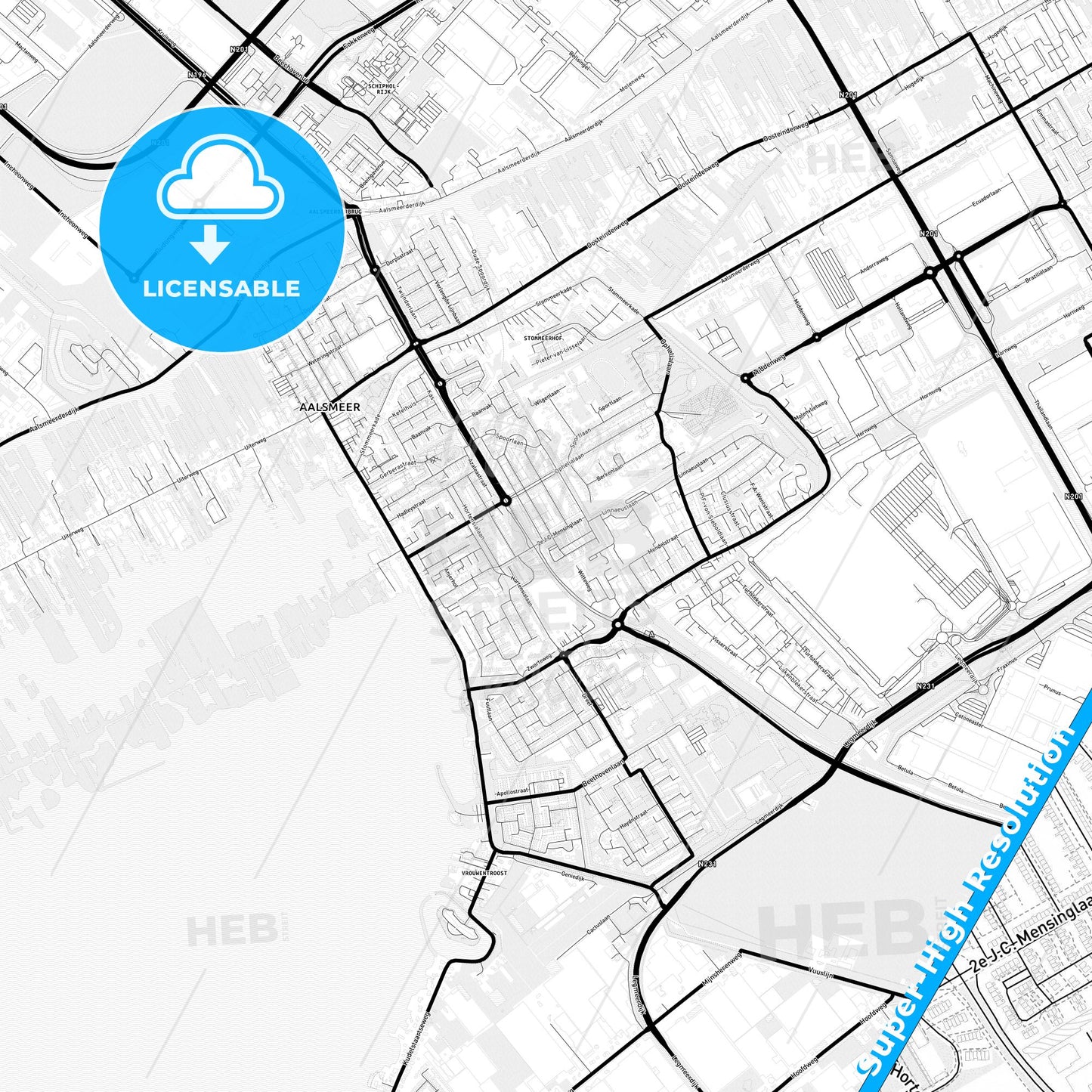 Aalsmeer, Netherlands Light Map with Street Names, City Names, and Districts