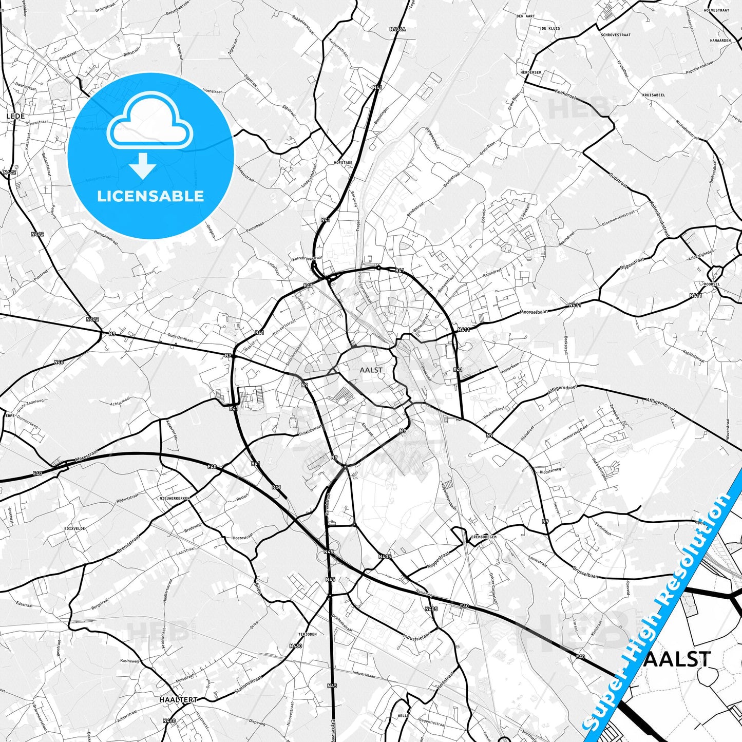 Aalst, Belgium Light Map with Street Names, City Names, and Districts
