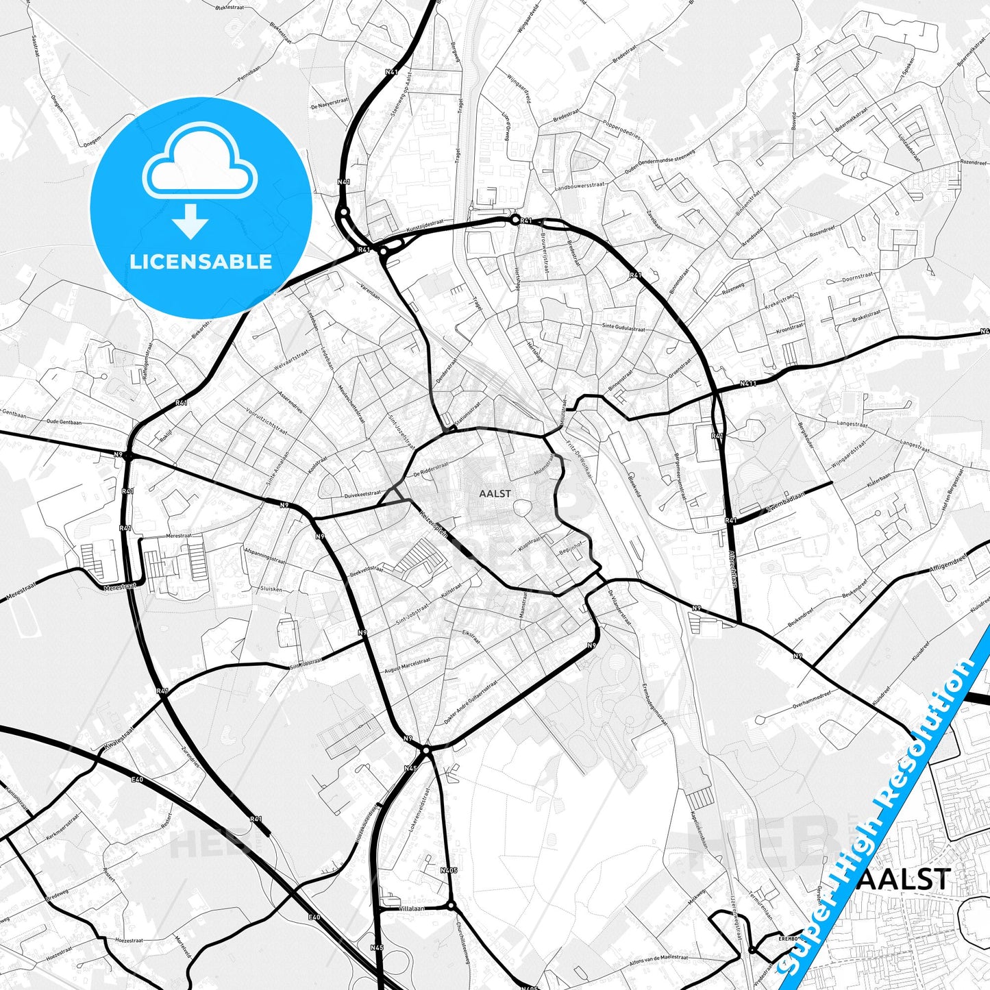 Aalst, Belgium Light Map with Street Names, City Names, and Districts