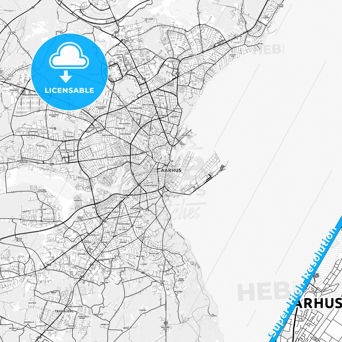 Aarhus, Denmark light map with streetnames, citynames and districts
