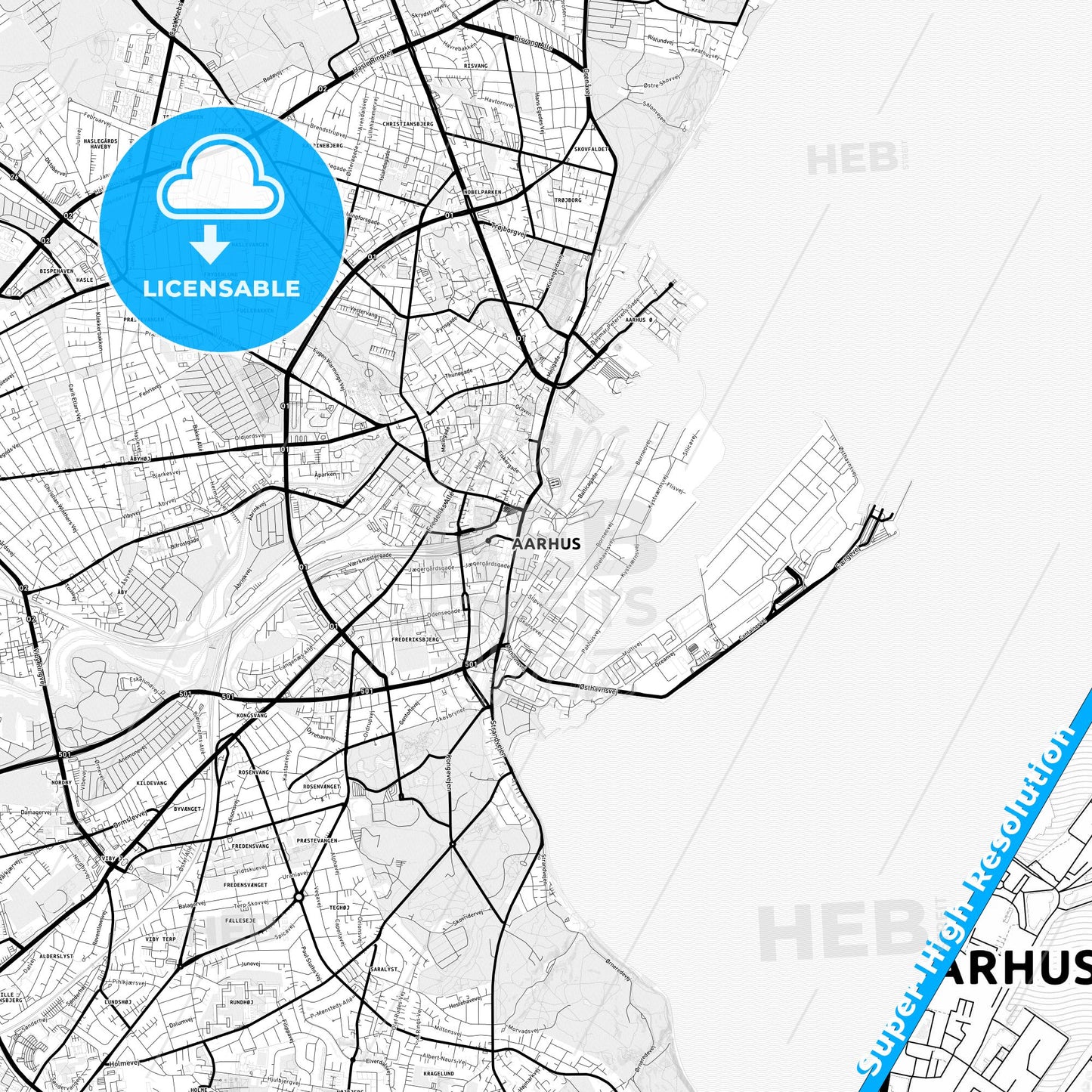 Aarhus, Denmark Light Map with Street Names, City Names, and Districts