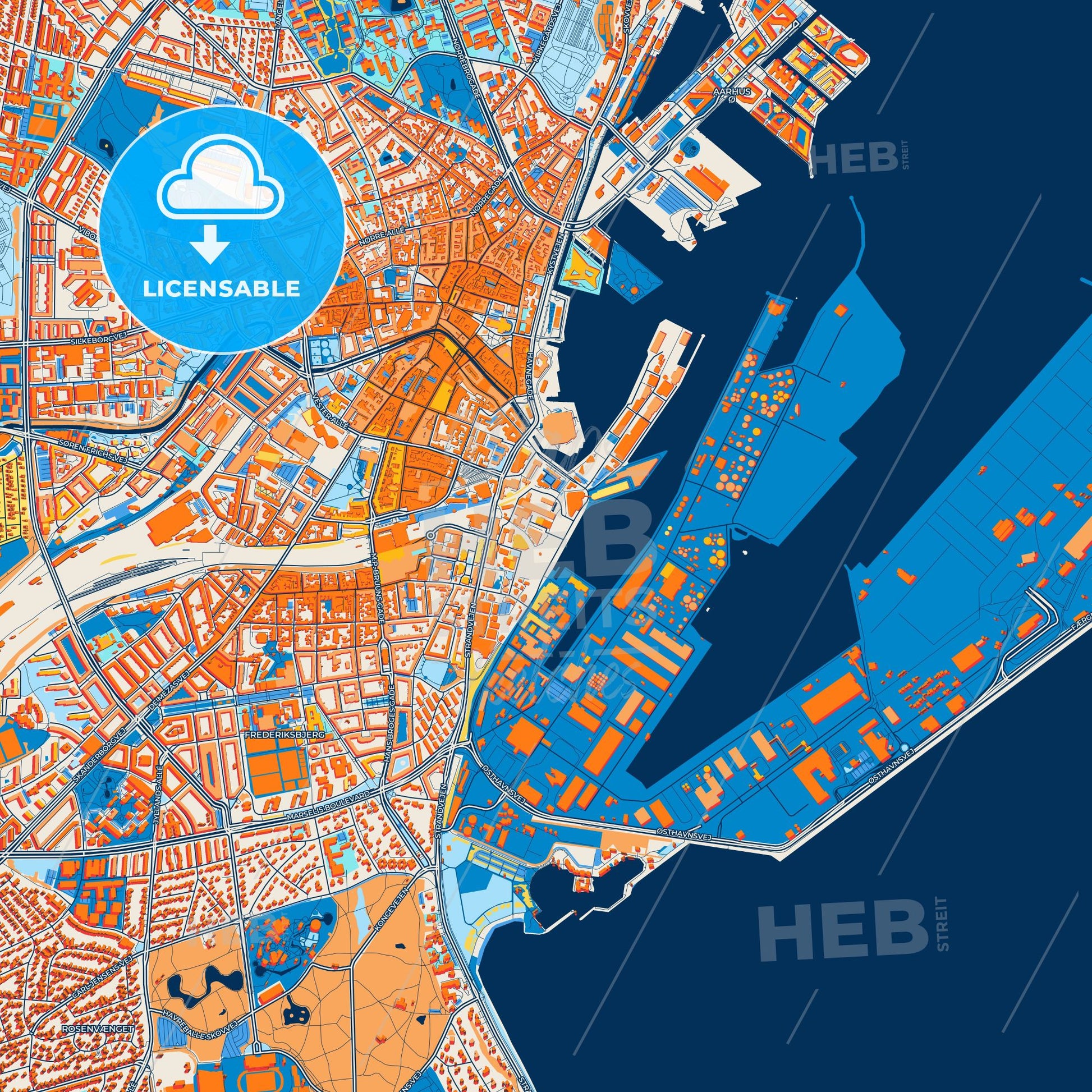 Colorful Aarhus Street Map with Labels and Buildings