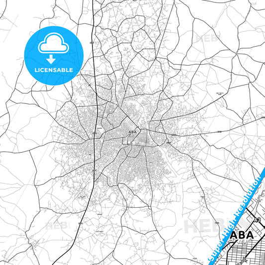 Aba, Nigeria light map with streetnames, citynames and districts