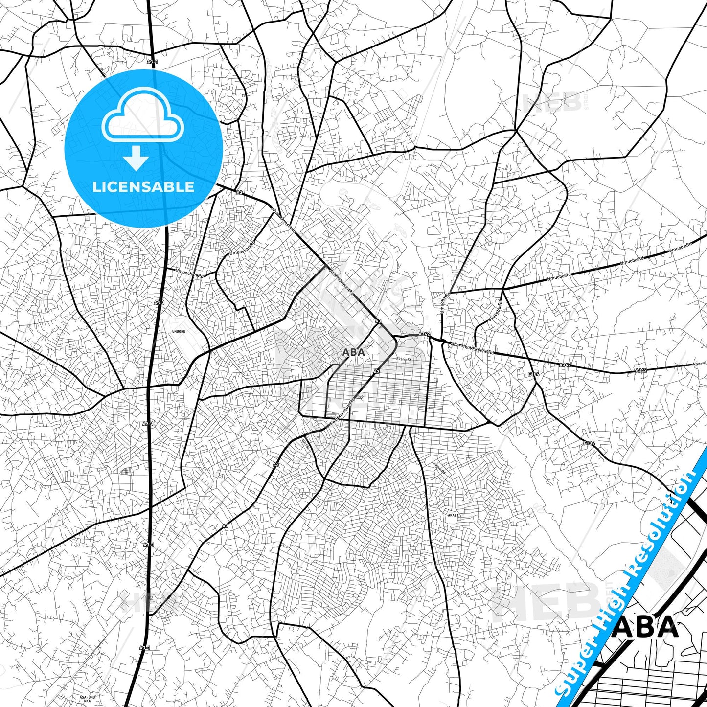 Aba, Nigeria Light Map with Street Names, City Names, and Districts