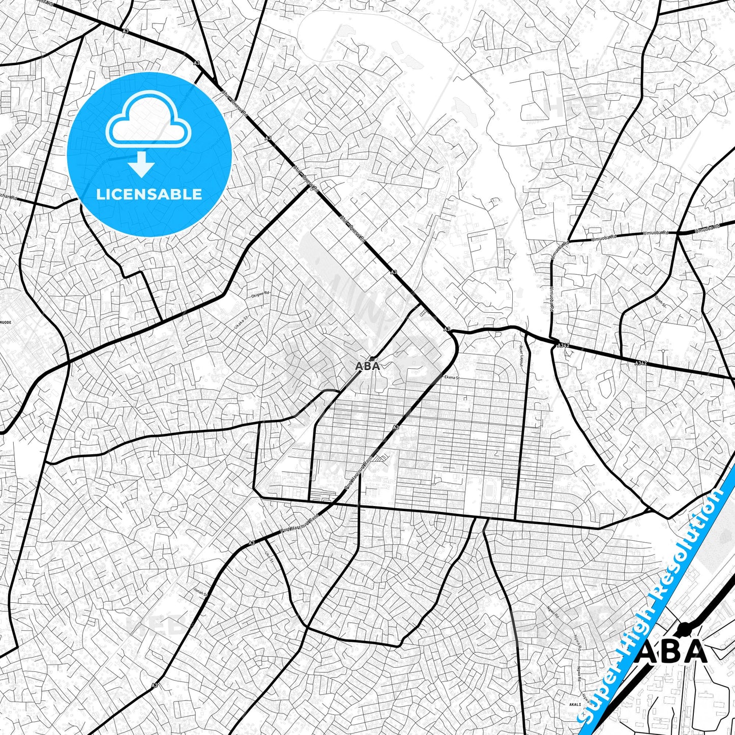 Aba, Nigeria Light Map with Street Names, City Names, and Districts