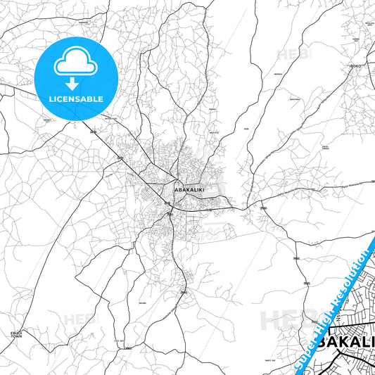 Abakaliki, Nigeria light map with streetnames, citynames and districts