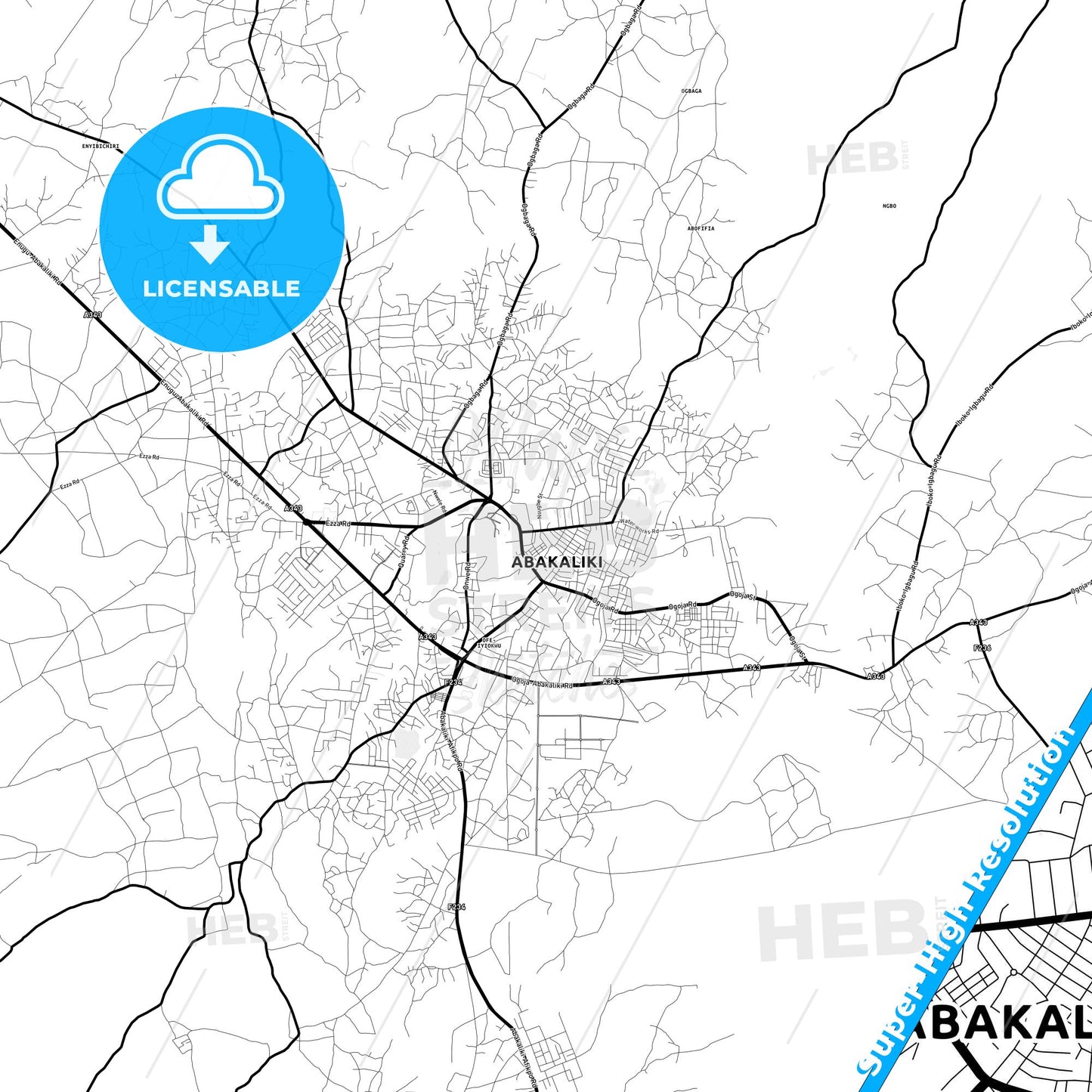 Abakaliki, Nigeria Light Map with Street Names, City Names, and Districts