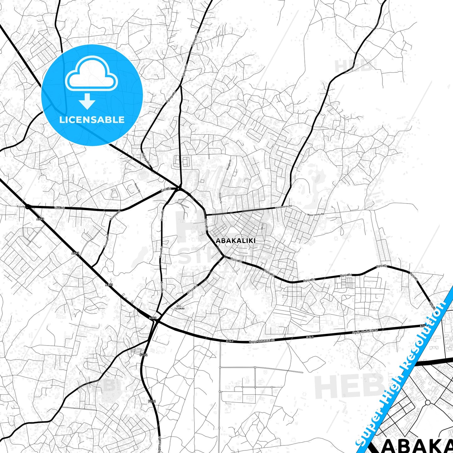 Abakaliki, Nigeria Light Map with Street Names, City Names, and Districts