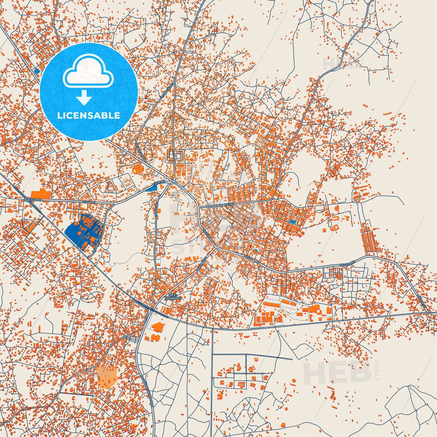 Colorful Abakaliki Street Map with Labels and Buildings