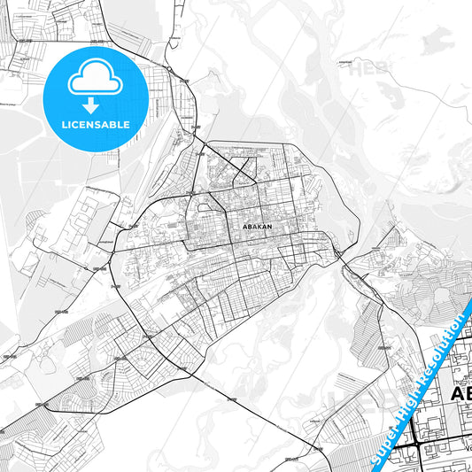 Abakan, Russia light map with streetnames, citynames and districts