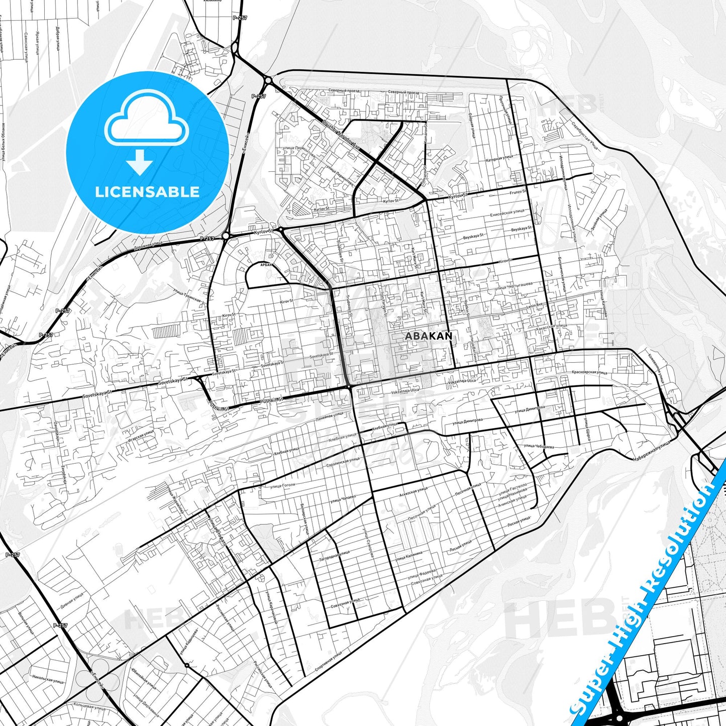 Abakan, Russia Light Map with Street Names, City Names, and Districts