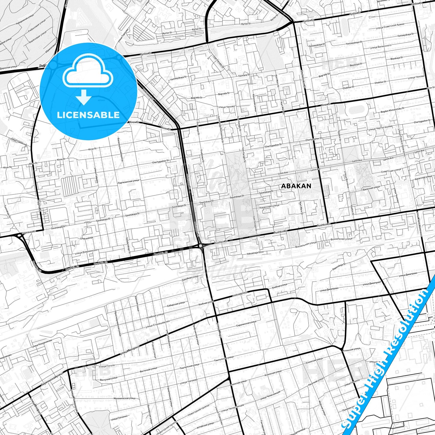 Abakan, Russia Light Map with Street Names, City Names, and Districts
