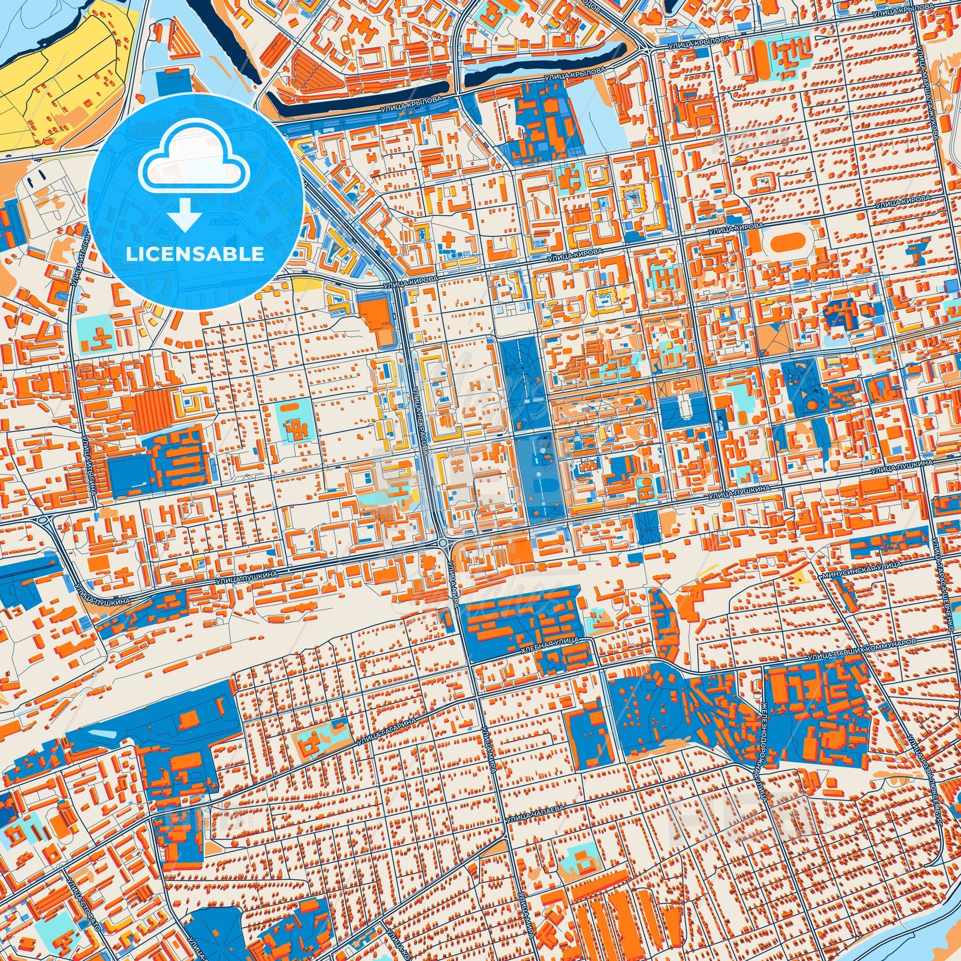 Colorful Abakan Street Map with Labels and Buildings