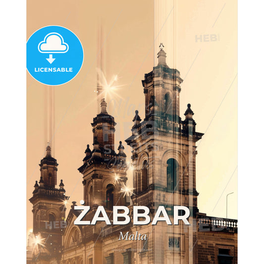 Zabbar Malta Cityscape Double Exposure Art Poster - A building with many towers - Square format print template