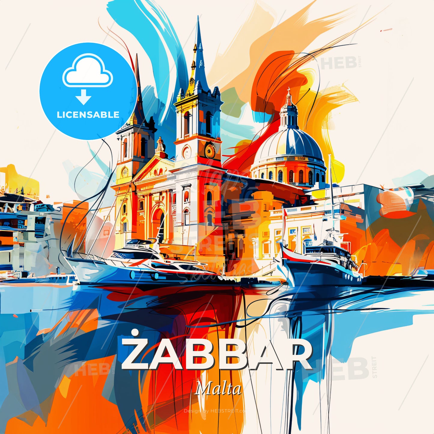 Vibrant  Żabbar, Malta - A Colorful Painting Of A Building With A Dome And Boats - Square format print template