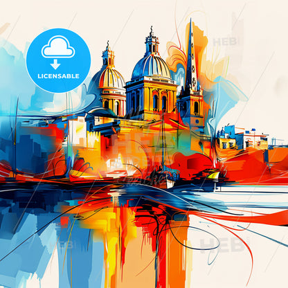 Vibrant  Żabbar, Malta - A Painting Of A Building With A Tower And A Tall Tower