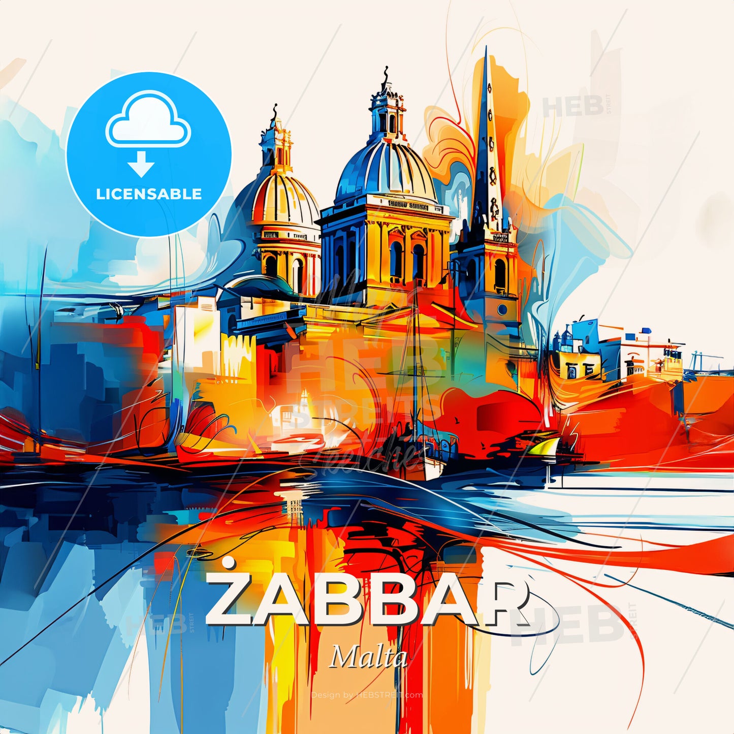 Vibrant  Żabbar, Malta - A Painting Of A Building With A Tower And A Tall Tower - Square format print template