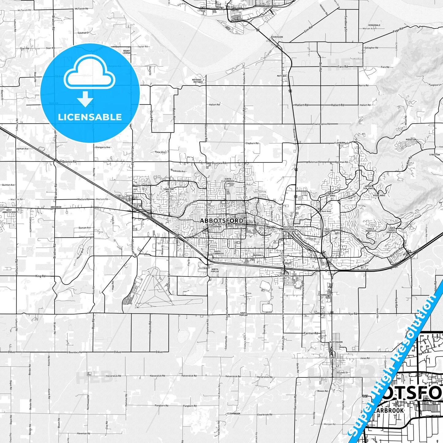 Abbotsford, Canada light map with streetnames, citynames and districts