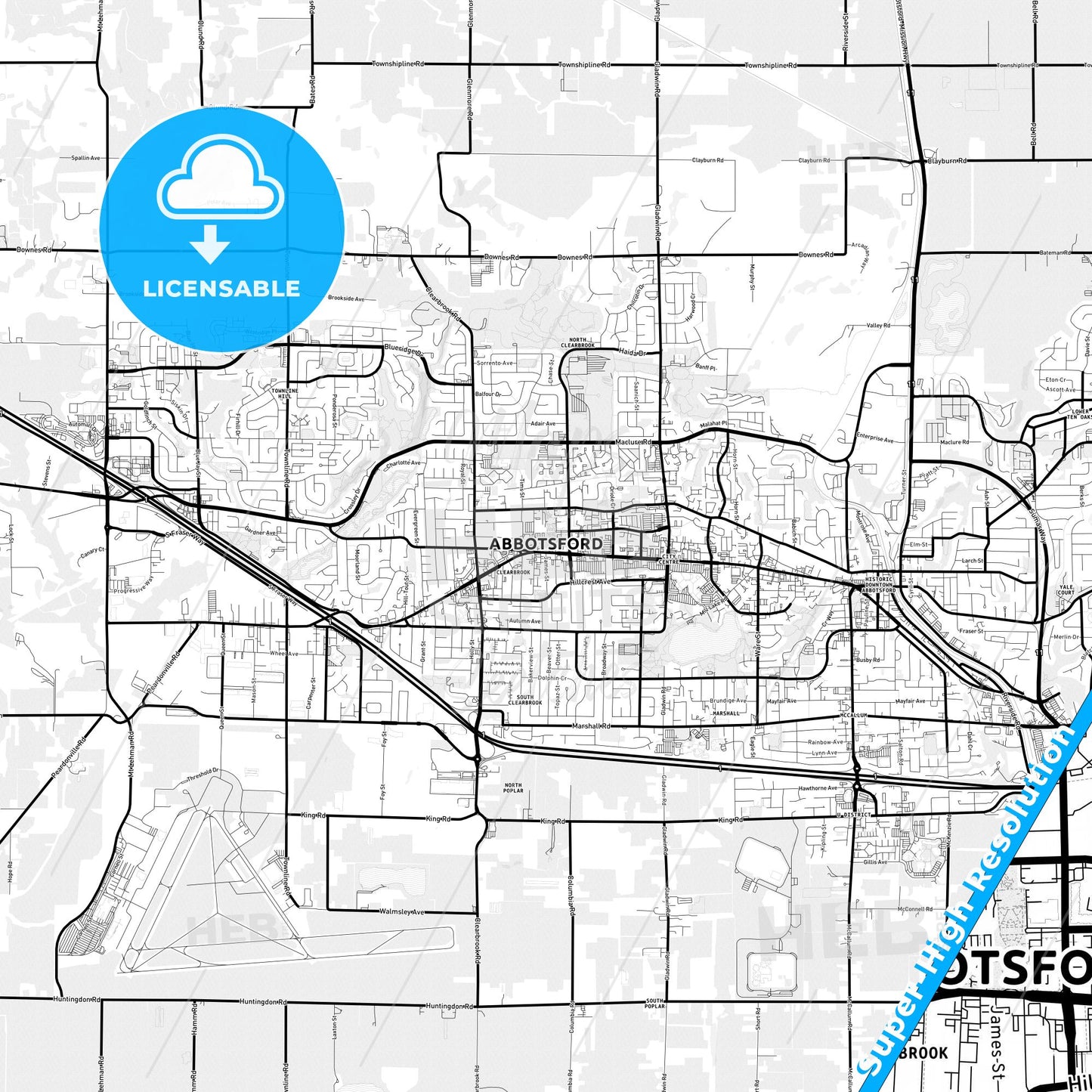 Abbotsford, Canada Light Map with Street Names, City Names, and Districts