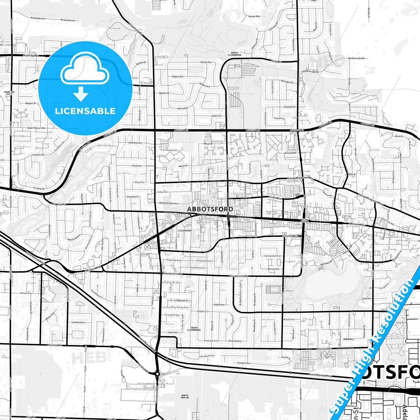Abbotsford, Canada Light Map with Street Names, City Names, and Districts
