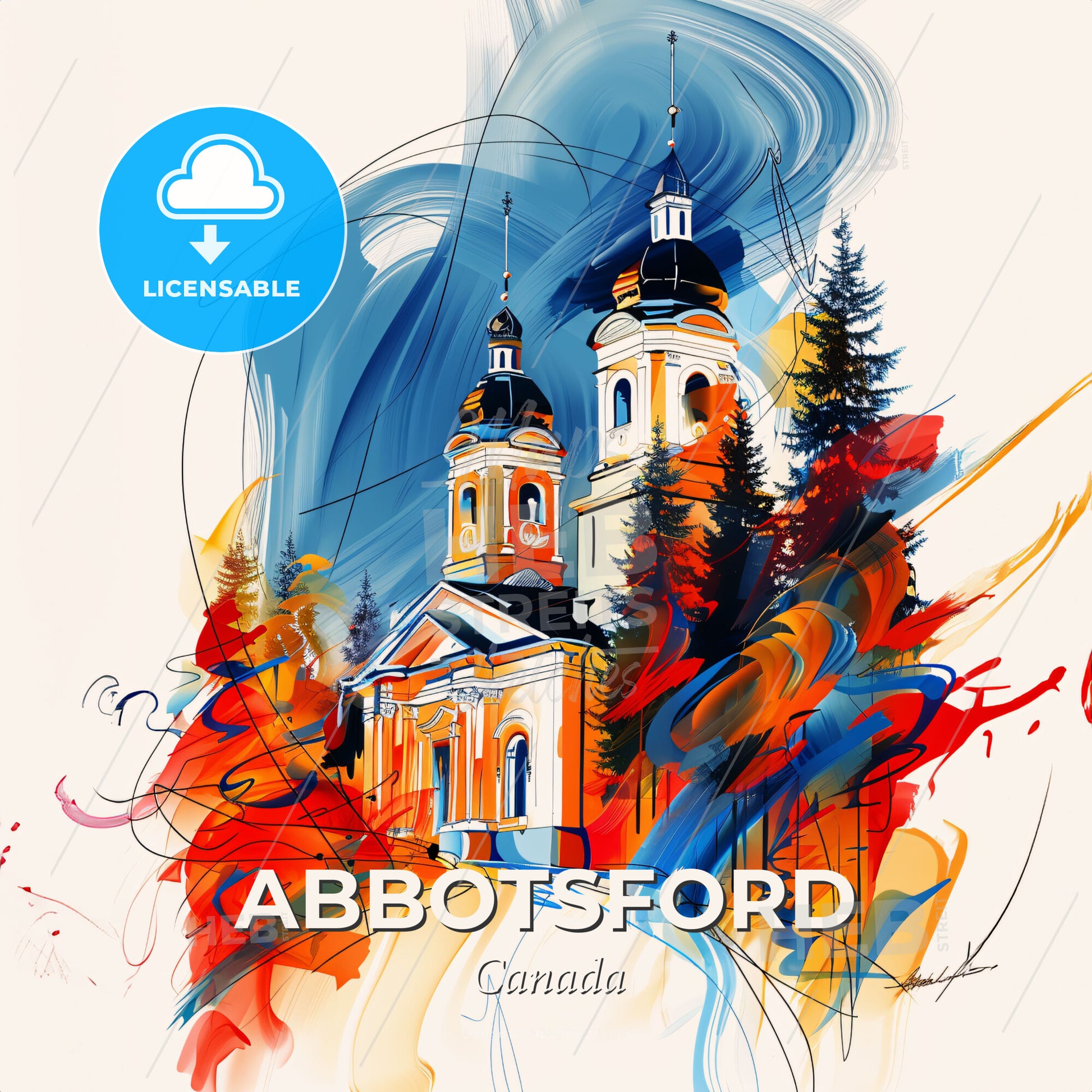 Vibrant Abbotsford, Canada - A Painting Of A Church With Trees And A Blue And Yellow Background - Square format print template