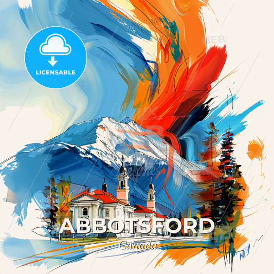 Vibrant Abbotsford, Canada - A Painting Of A Church With A Mountain In The Background - Square format print template