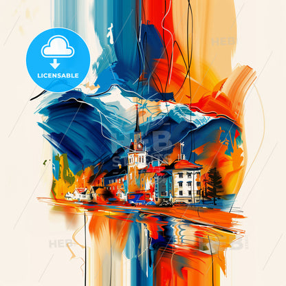 Vibrant Abbotsford, Canada - A Painting Of A Building And Mountains