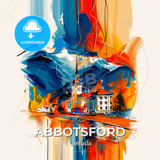 Vibrant Abbotsford, Canada - A Painting Of A Building And Mountains - Square format print template