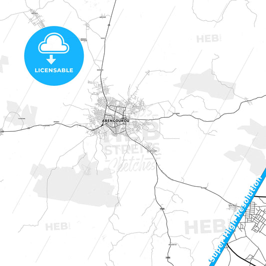 Abengourou, Ivory Coast light map with streetnames, citynames and districts