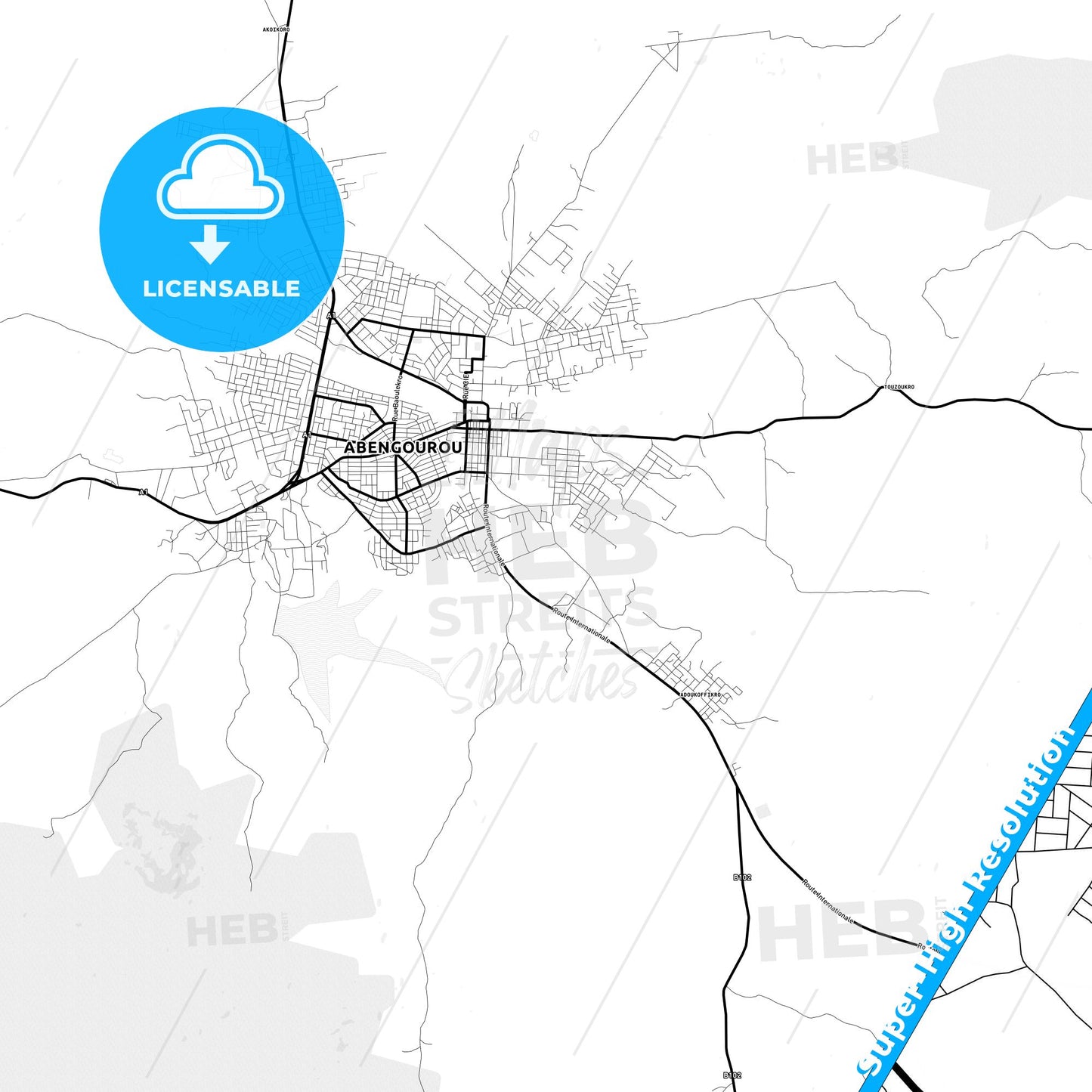 Abengourou, Ivory Coast Light Map with Street Names, City Names, and Districts