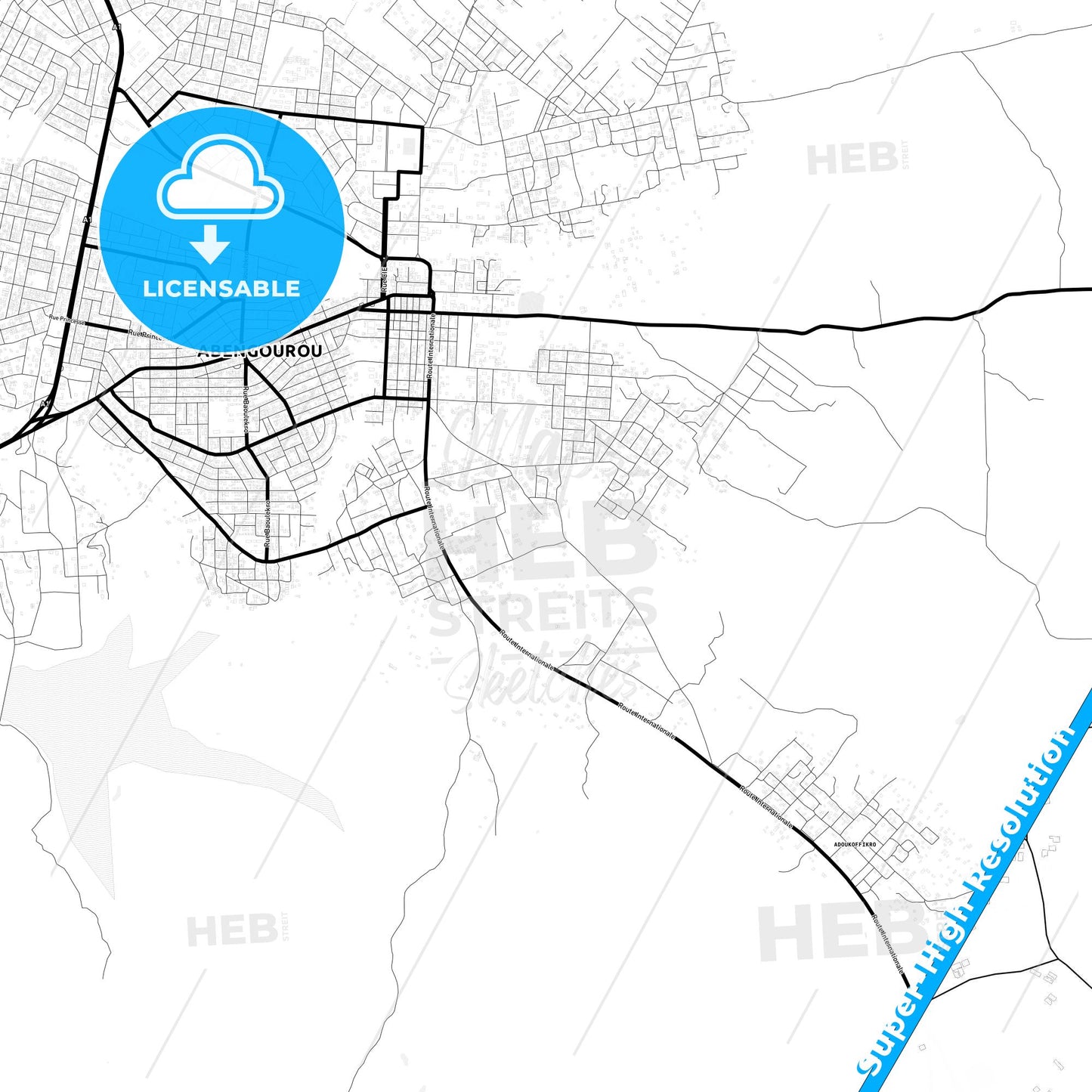 Abengourou, Ivory Coast Light Map with Street Names, City Names, and Districts