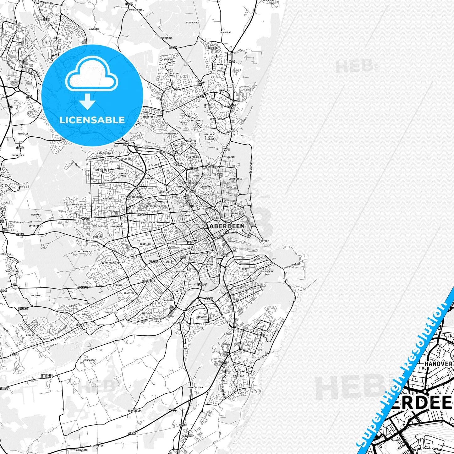Aberdeen, Scotland light map with streetnames, citynames and districts