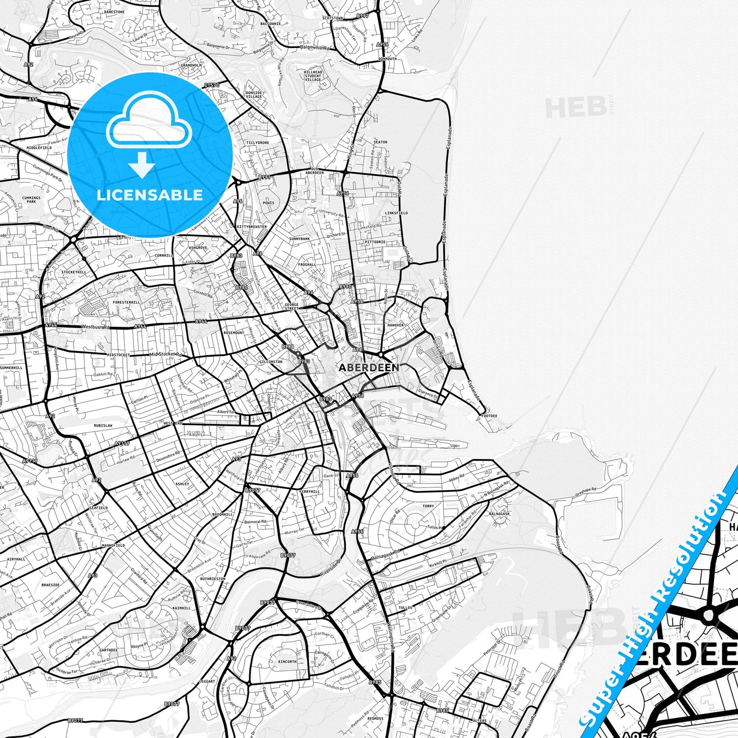 Aberdeen, Scotland Light Map with Street Names, City Names, and Districts