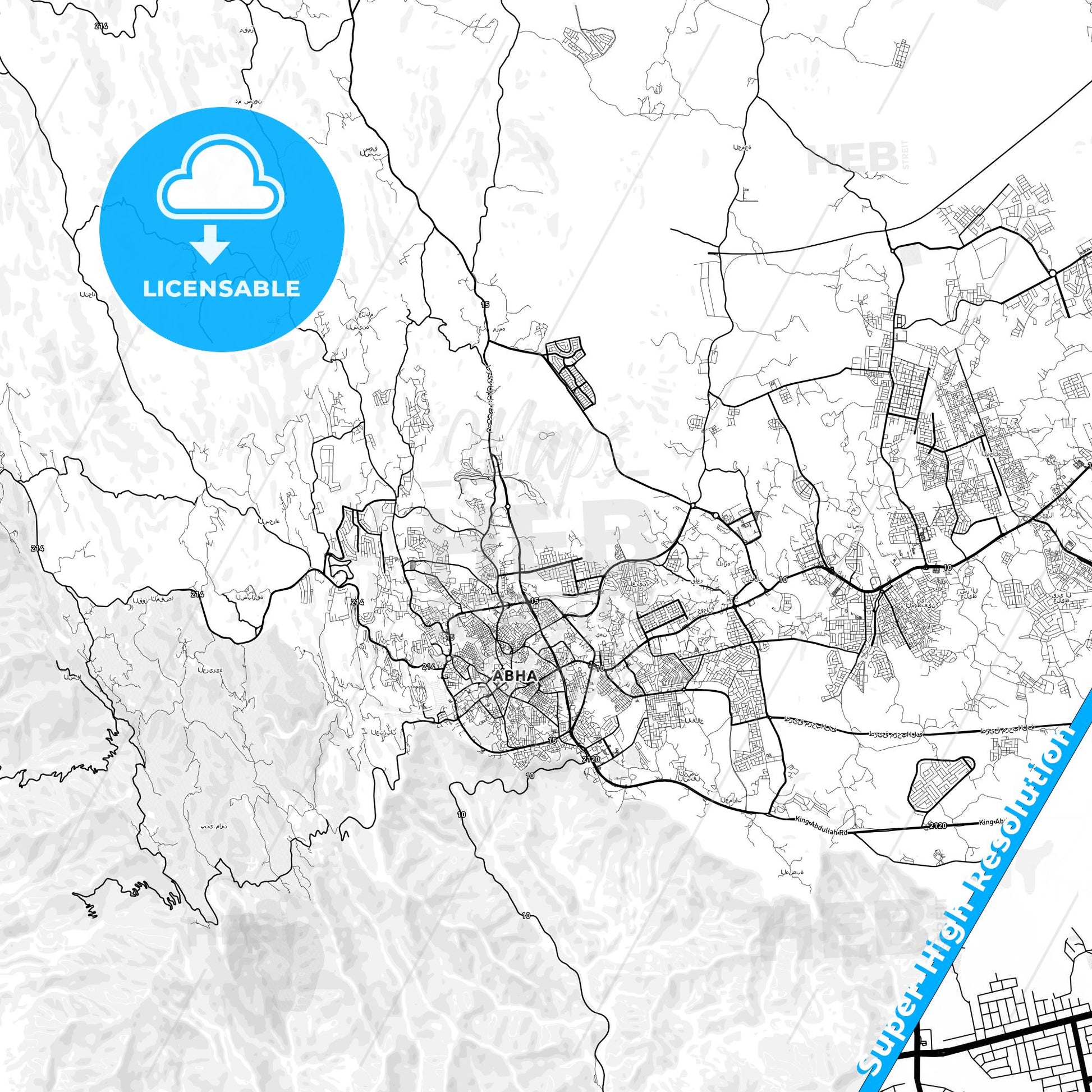 Abha, Saudi Arabia light map with streetnames, citynames and districts